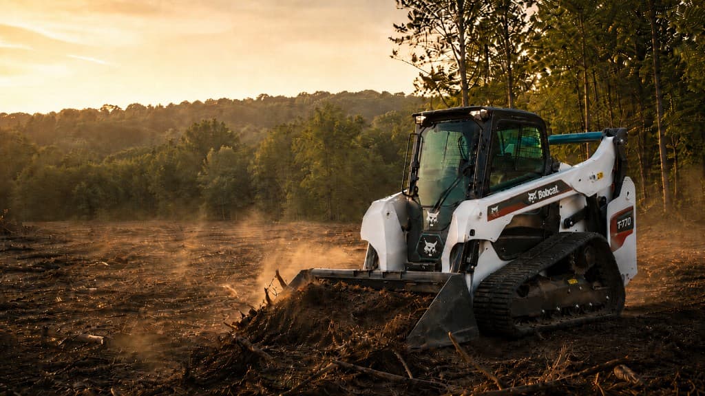 Bobcat compact track loader clearing brush on a job site