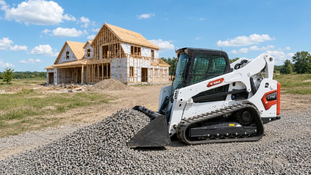 Bobcat compact track loader working gravel at a residential build site